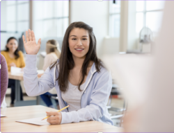 young woman raising hand